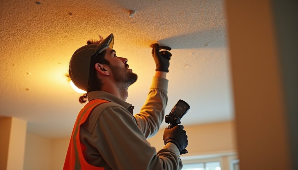 Professional popcorn ceiling repair technician restoring ceiling in San Dimas, CA