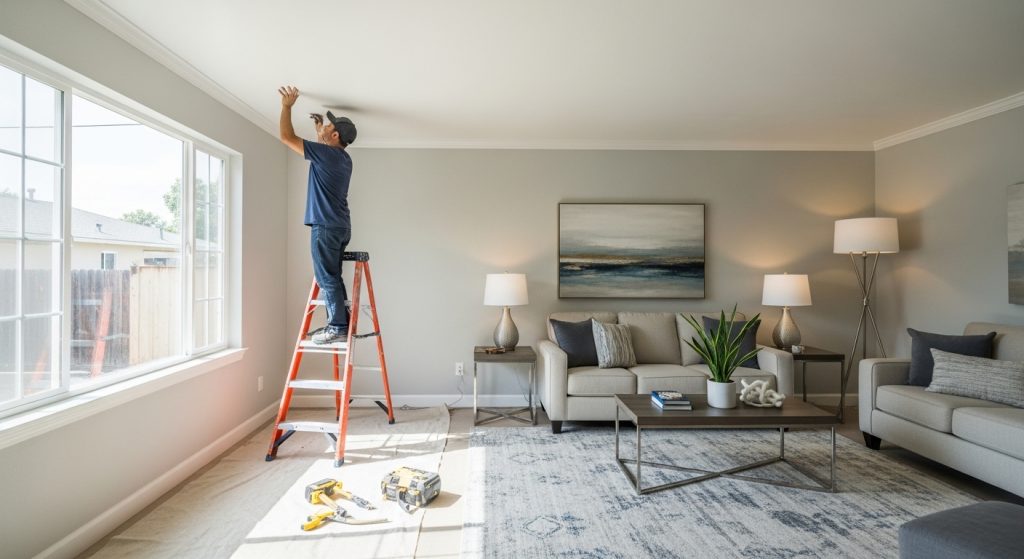 Professional popcorn ceiling repair technician restoring damaged ceiling in Upland, CA