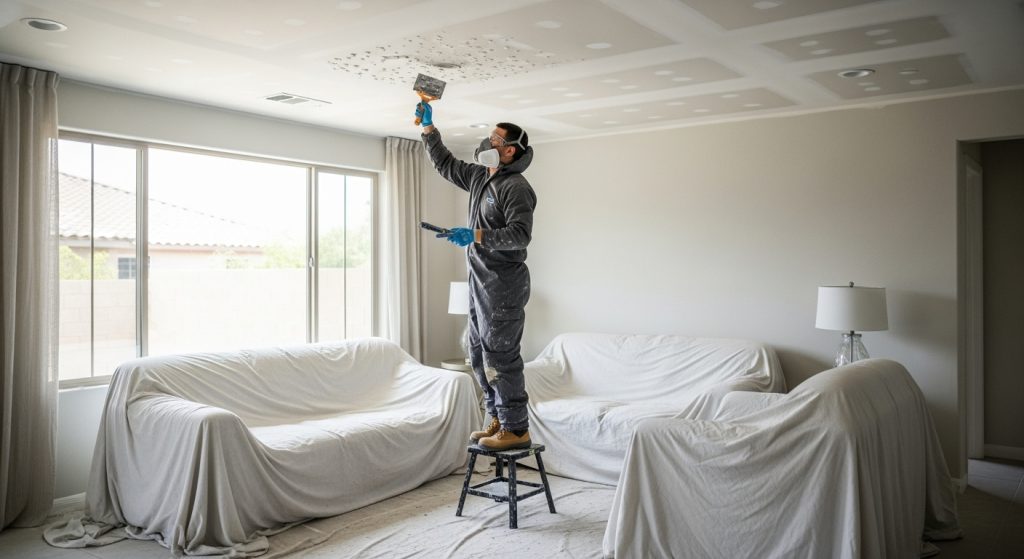 Professional popcorn ceiling repair technician restoring damaged ceiling in Walnut, CA