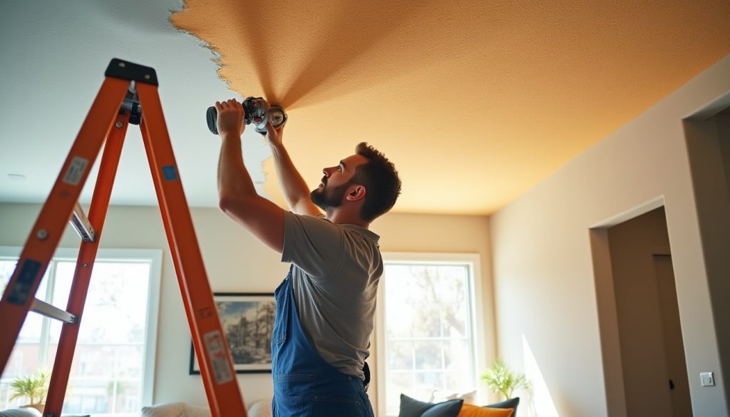 professional technician repairing popcorn ceiling in fontana california home