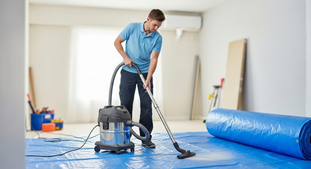 Worker cleaning up ceiling repair area after completing restoration work.