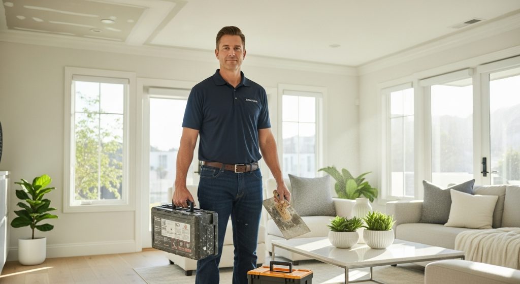 Professional ceiling repair specialist inspecting a damaged ceiling in a modern home.