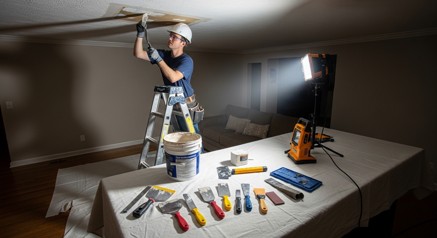 Professional ceiling repair specialist inspecting a damaged ceiling in a modern home.