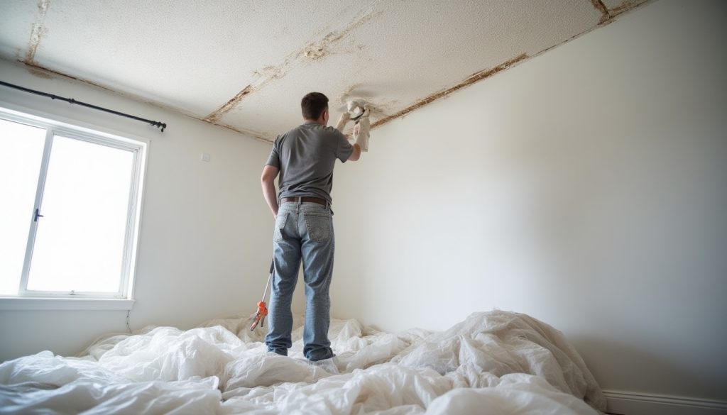 Professional popcorn ceiling repair technician restoring damaged ceiling in Pomona, CA