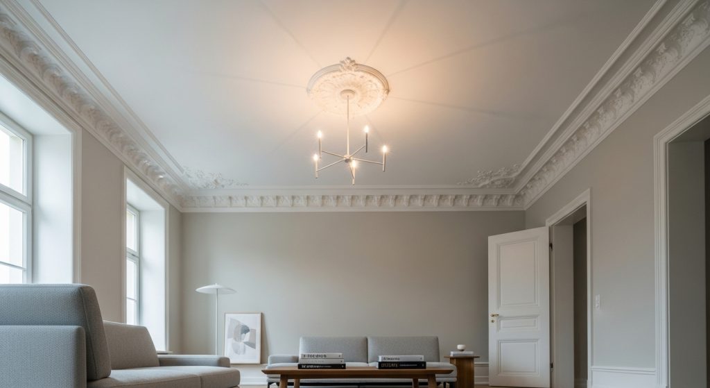 Newly restored and painted ceiling in a clean, well-lit residential living room.