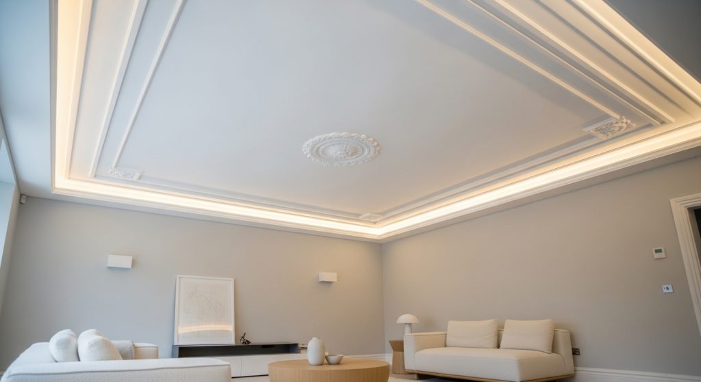 Newly restored and painted ceiling in a clean, well-lit residential living room.
