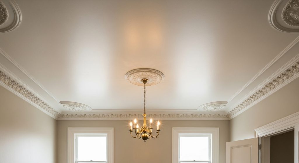 Finished ceiling in freshly painted modern living room.