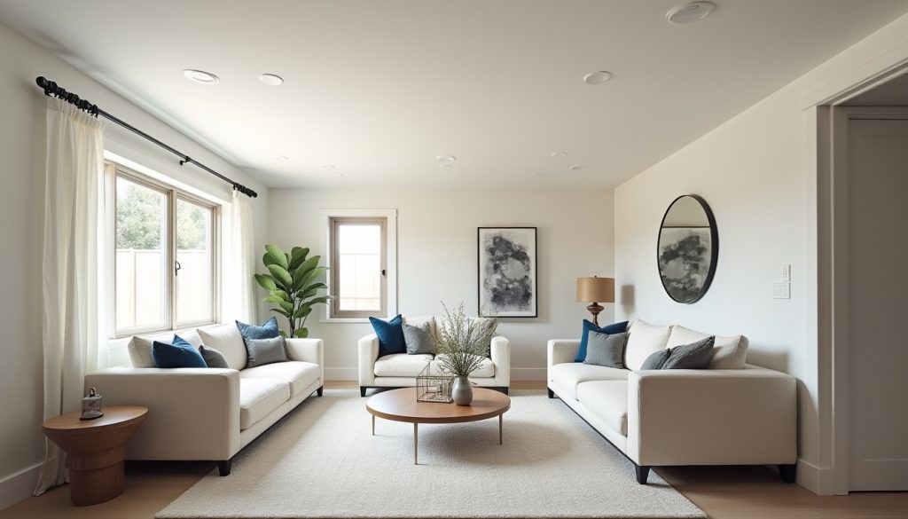 wide view of modern living room with smooth repaired ceiling la verne california