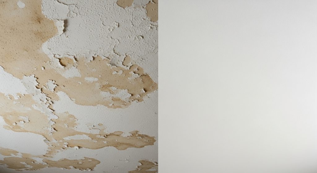 Water-stained ceiling being repaired by a professional using restoration tools and primer.