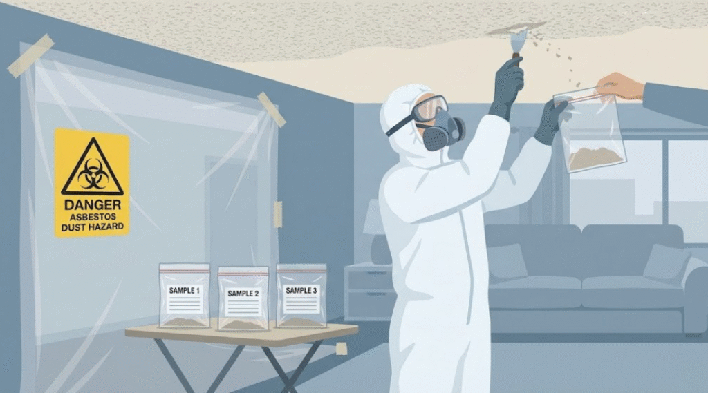 Technician in protective gear collecting asbestos sample from a popcorn ceiling with containment barriers in place.
