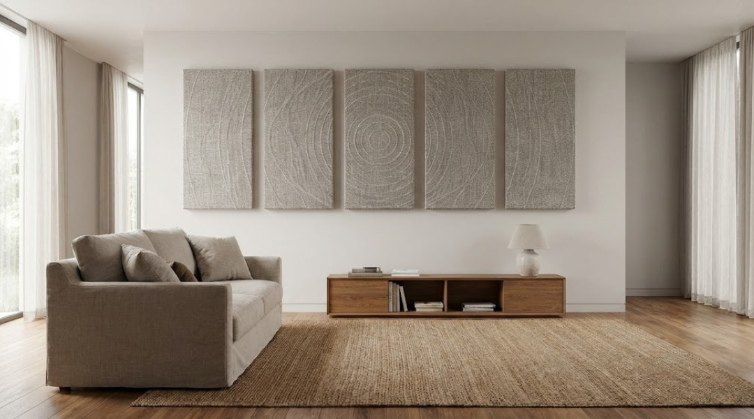Fabric-wrapped acoustic panels mounted strategically and evenly spaced on a shared living room wall, designed to absorb sound and reduce echo.