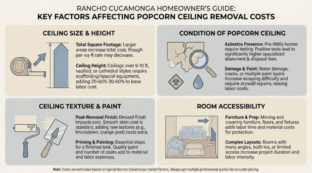 Infographic showing the main factors that affect popcorn ceiling removal cost including ceiling size, height, condition, paint layers, and room accessibility.