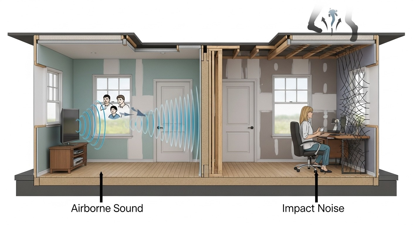 Comparison of airborne sounds traveling through walls and impact sounds vibrating through floors and ceilings in a home office.