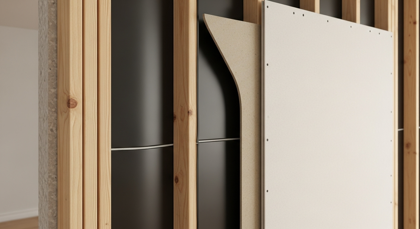 Mass-loaded vinyl installed on wall studs behind drywall as a soundproofing layer.
